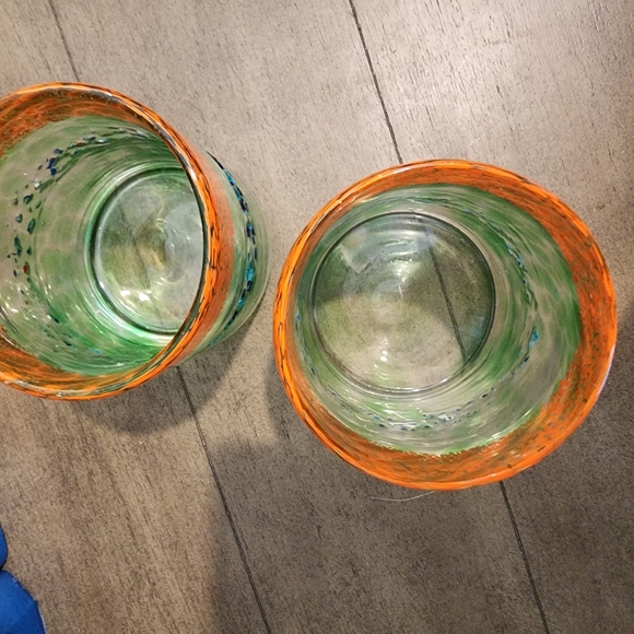 Handmade and Hand Blown Art Glass Lowball colorful set of 2 glasses. - Picture 5 of 9